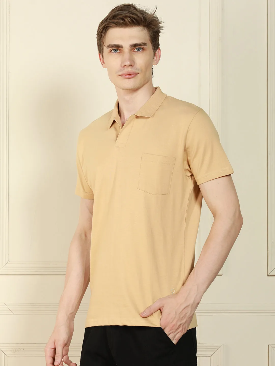 Men's Cream Polo Collar Solid Cotton T-Shirt