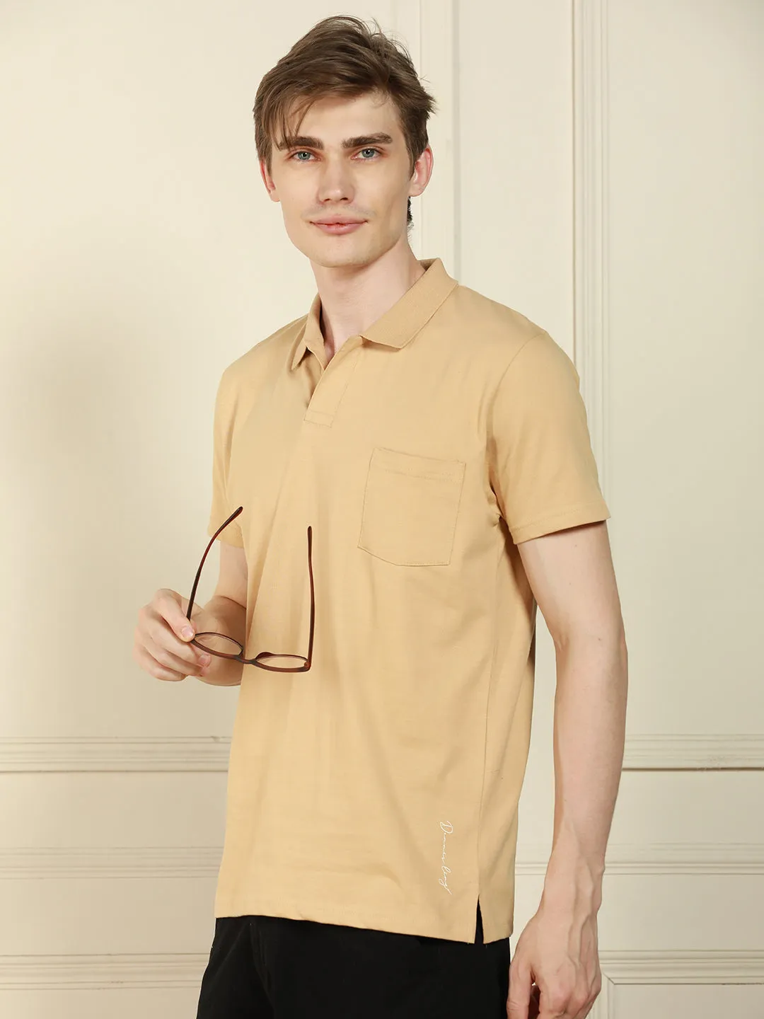 Men's Cream Polo Collar Solid Cotton T-Shirt