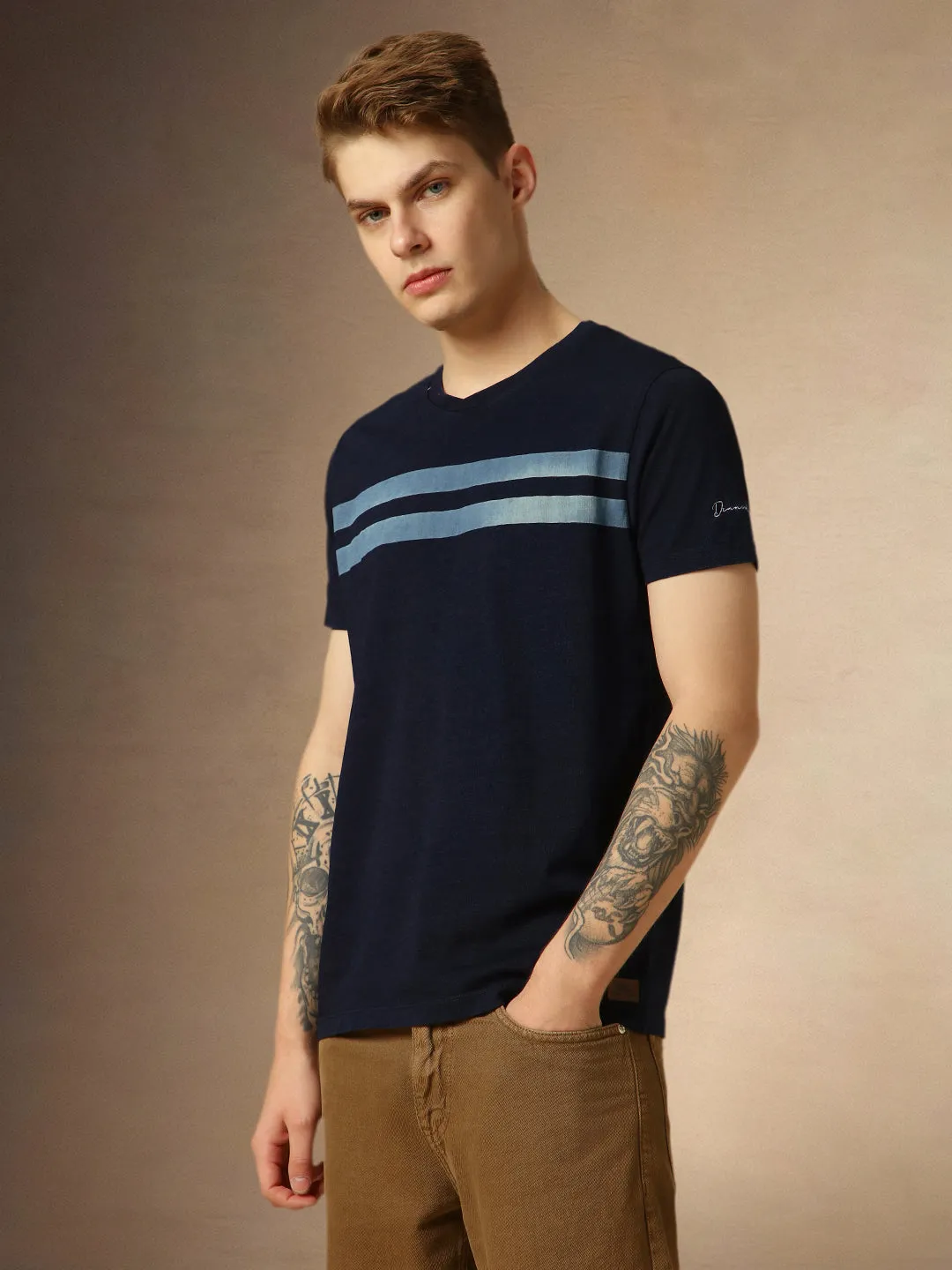 Men's Dark Blue Striped Polo Collar Half Sleeves Regular Fit T-Shirt