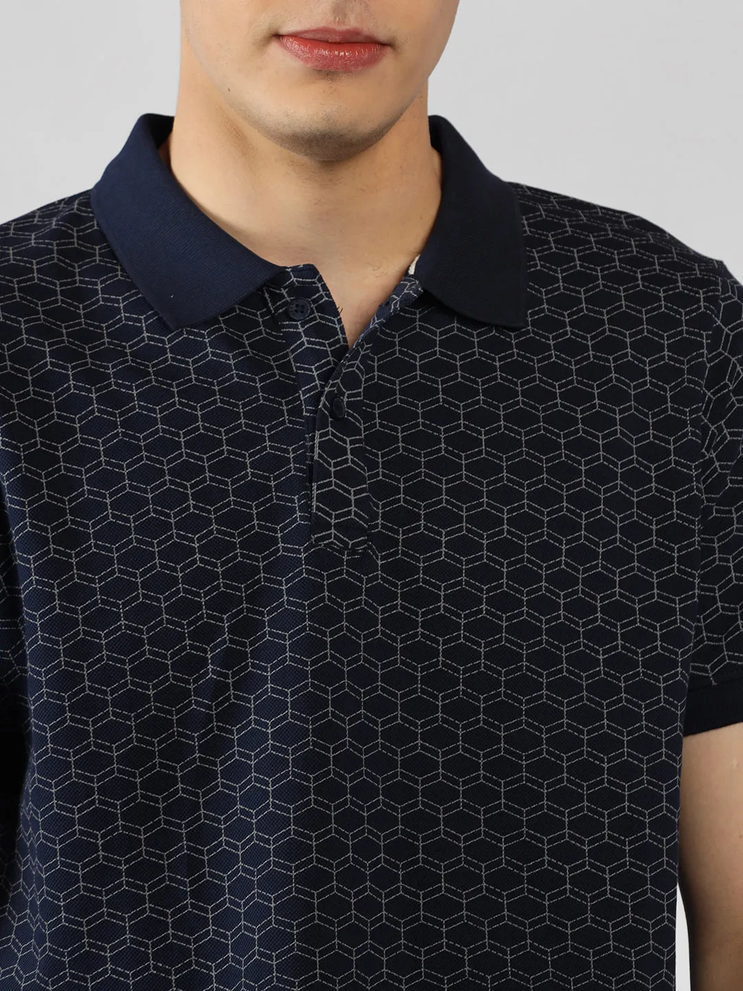 Men's Navy Printed Polo Collar Half Sleeve Casual T-Shirt