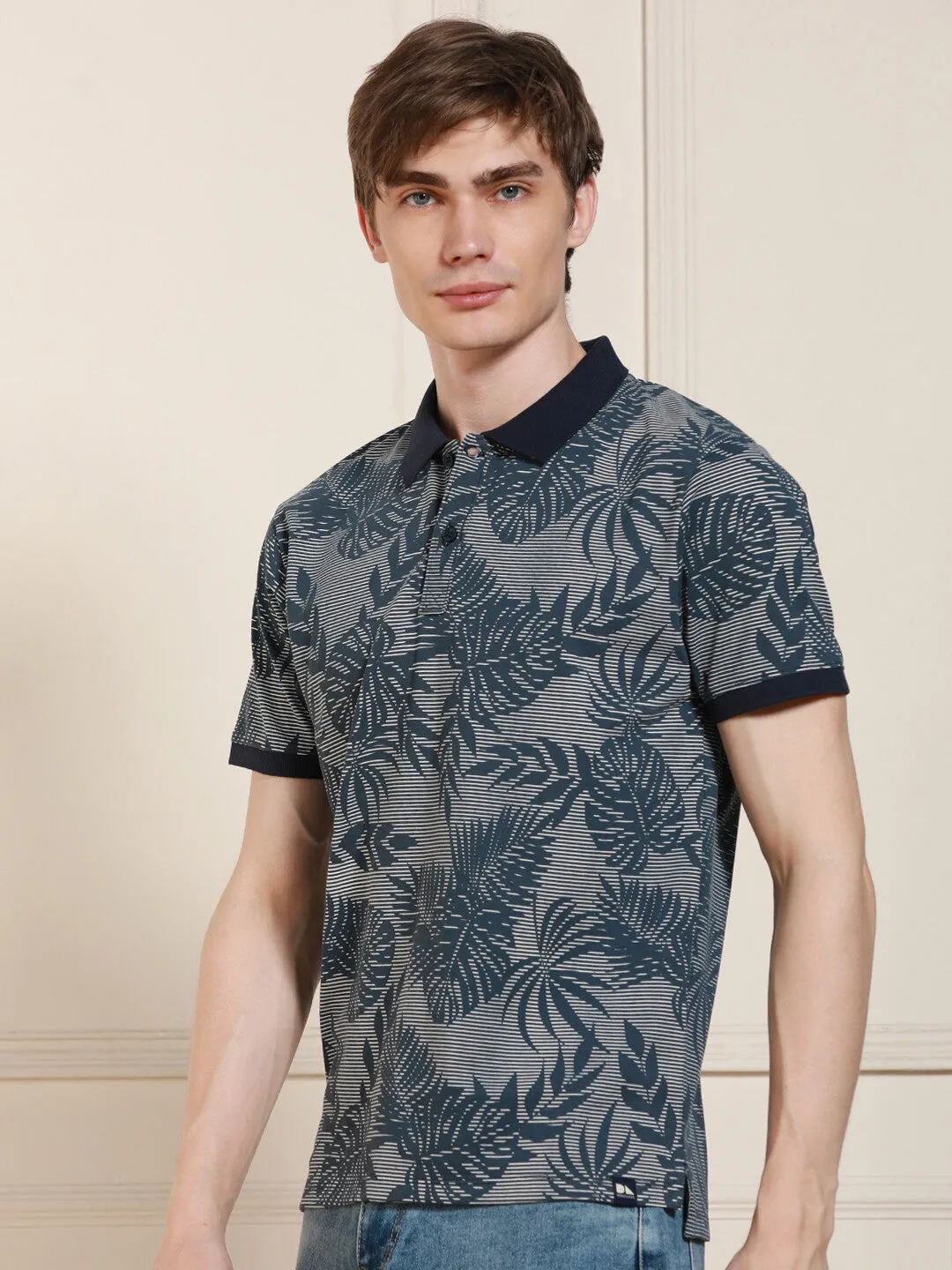 Men's Navy Printed  Polo Collar Half Sleeves Casual T-Shirt