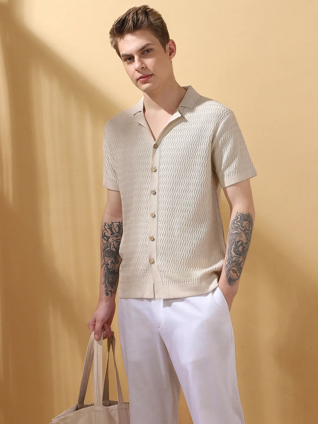 Men's Offwhite Cuban Collar Half Sleeves Knitted T-shirt