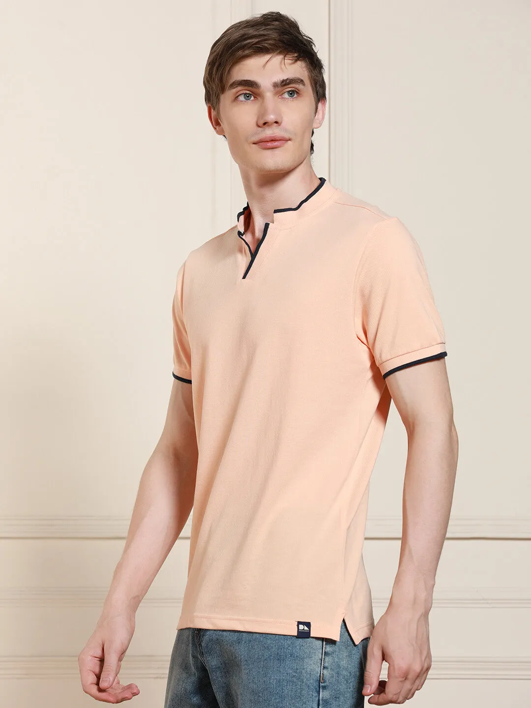 Men's Peach Solid Polo Collar Half Sleeves Casual T-Shirt