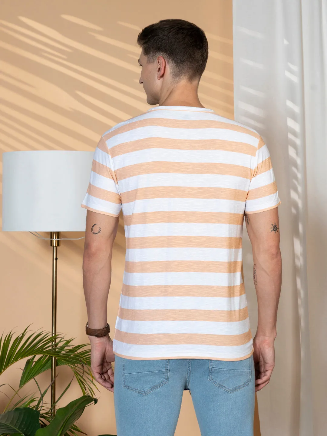 Men's Peach Striped Crew Neck Half sleeve Regular fit T-Shirt