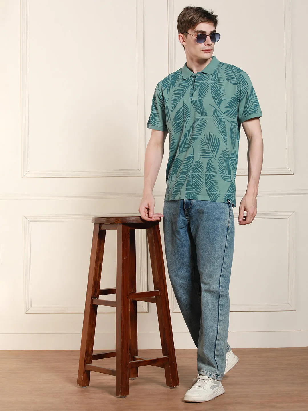 Men's Sage green Printed Polo Collar Half Sleeves T-shirt