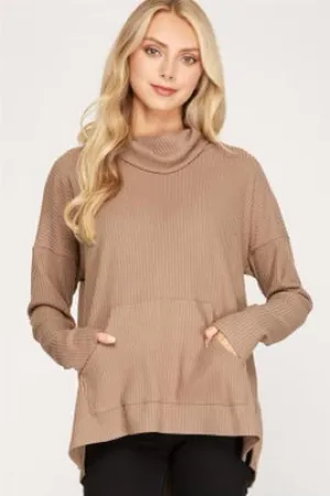 Morgan Ribbed Cowl Neck Pullover - Mocha