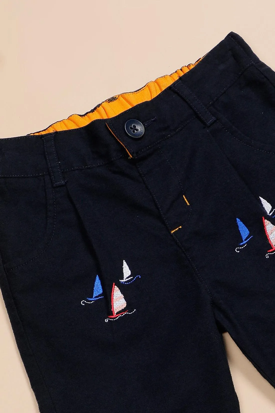 One Friday Baby Boys Navy Blue Cotton Embroidered Trouser