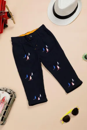 One Friday Baby Boys Navy Blue Cotton Embroidered Trouser