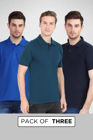 Pack Of 3 Polo T-Shirts Petrol Blue Royal Blue and Navy Blue for Men