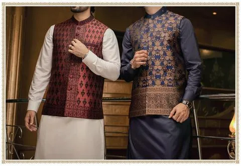 Pakistani Stylish Bonarsi Jamawar Waistcoat for Men - Men18