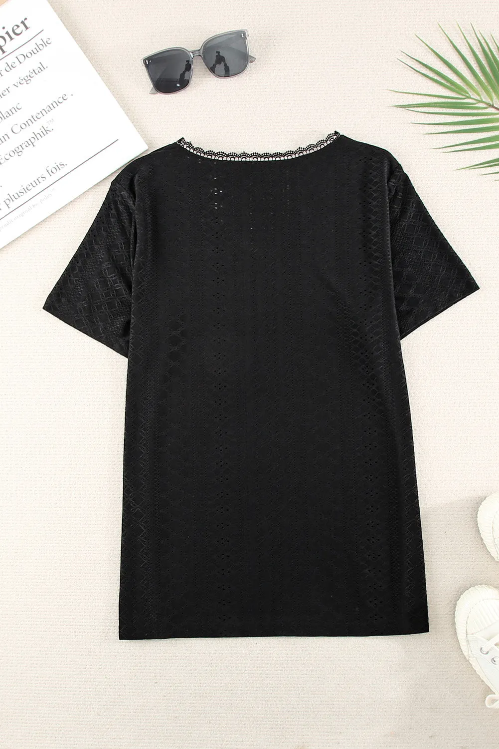 Plain V Neck Lace Short Sleeve T-Shirt