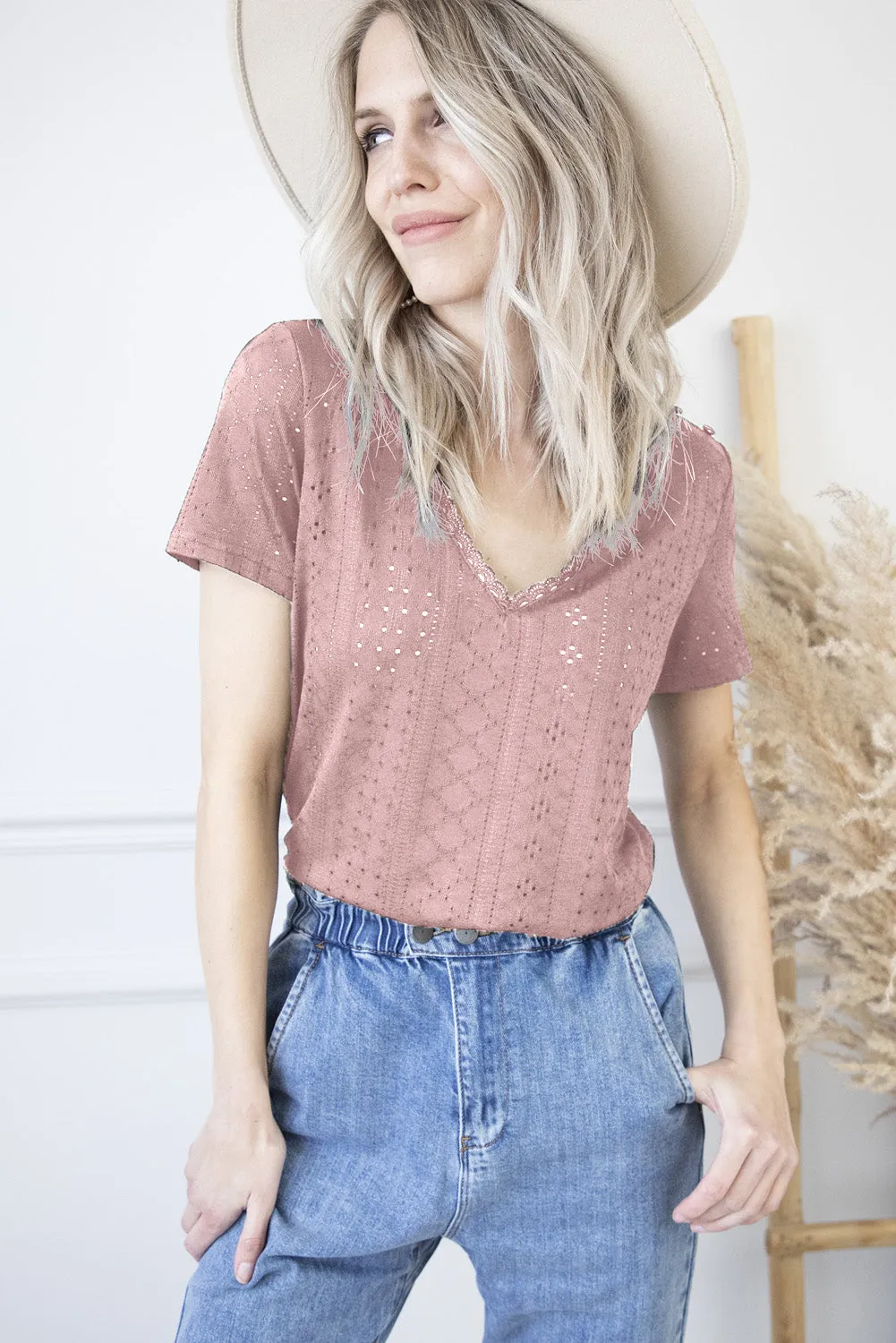 Plain V Neck Lace Short Sleeve T-Shirt