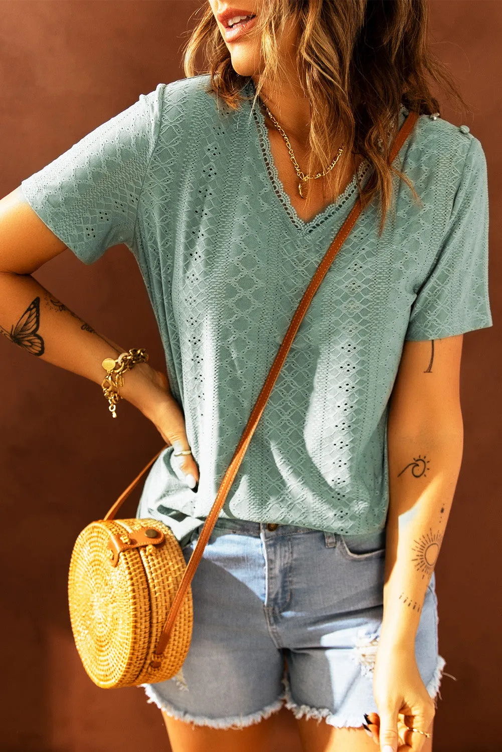 Plain V Neck Lace Short Sleeve T-Shirt