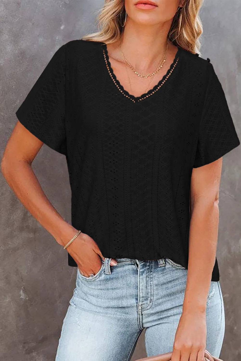 Plain V Neck Lace Short Sleeve T-Shirt