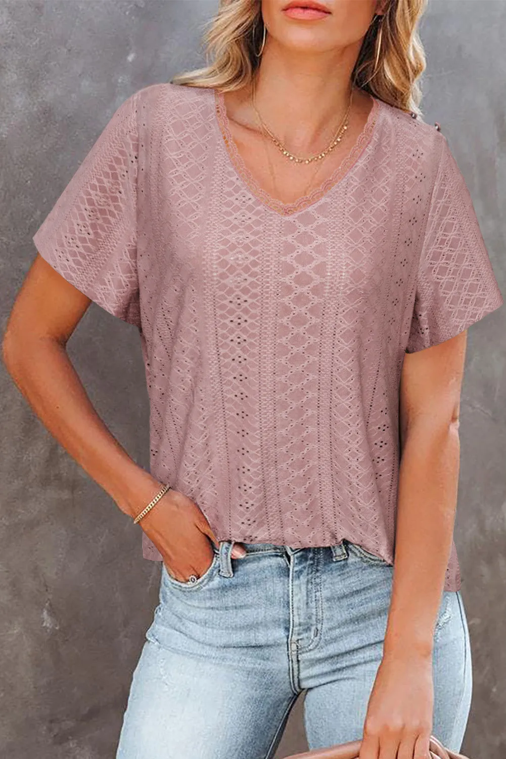 Plain V Neck Lace Short Sleeve T-Shirt