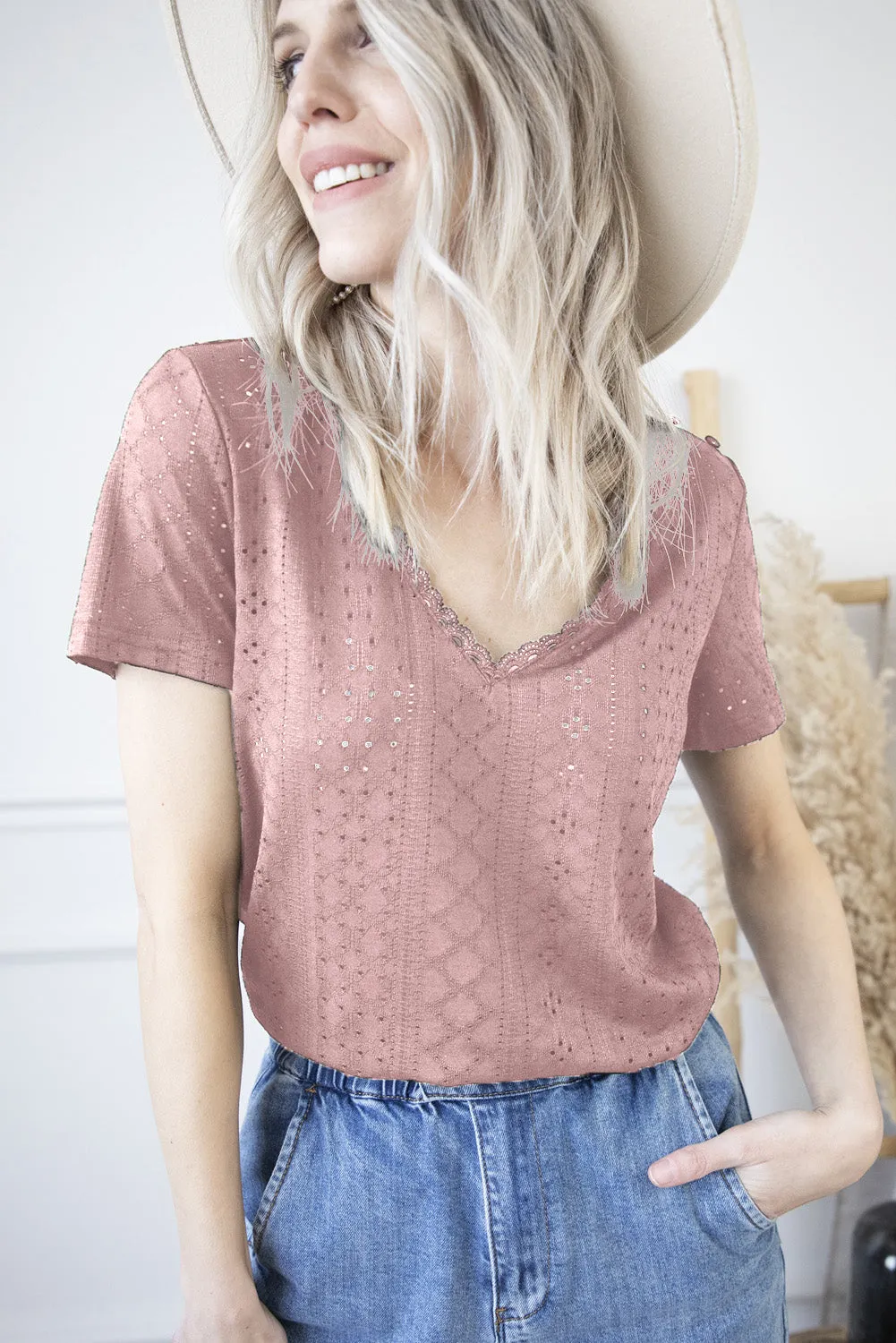 Plain V Neck Lace Short Sleeve T-Shirt