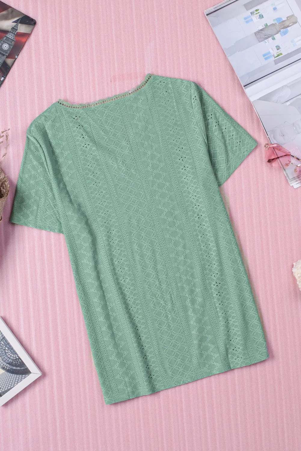 Plain V Neck Lace Short Sleeve T-Shirt