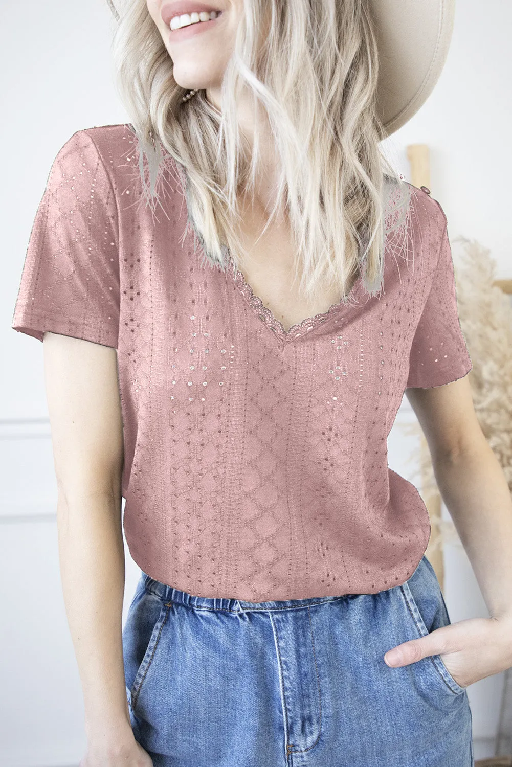 Plain V Neck Lace Short Sleeve T-Shirt