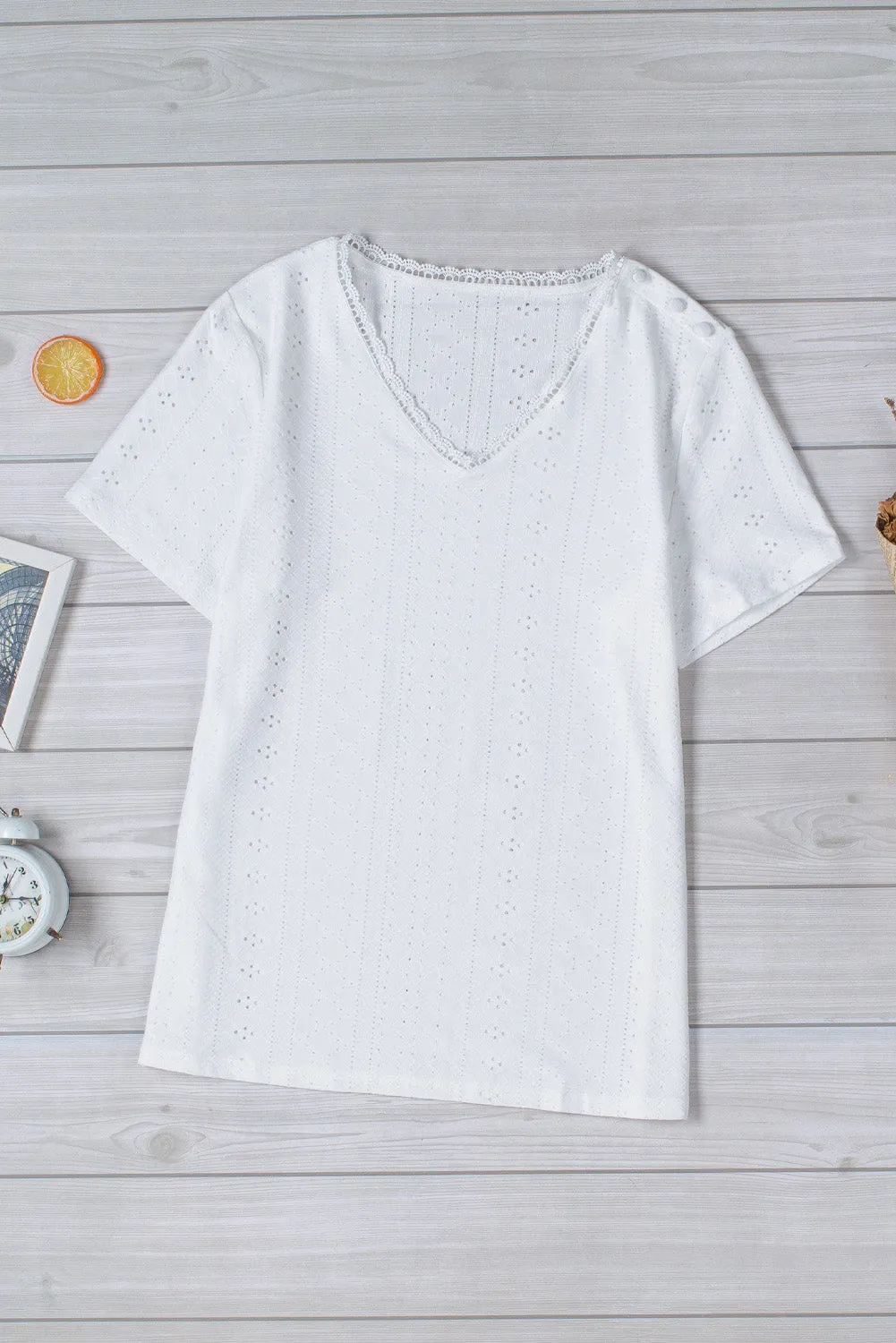 Plain V Neck Lace Short Sleeve T-Shirt