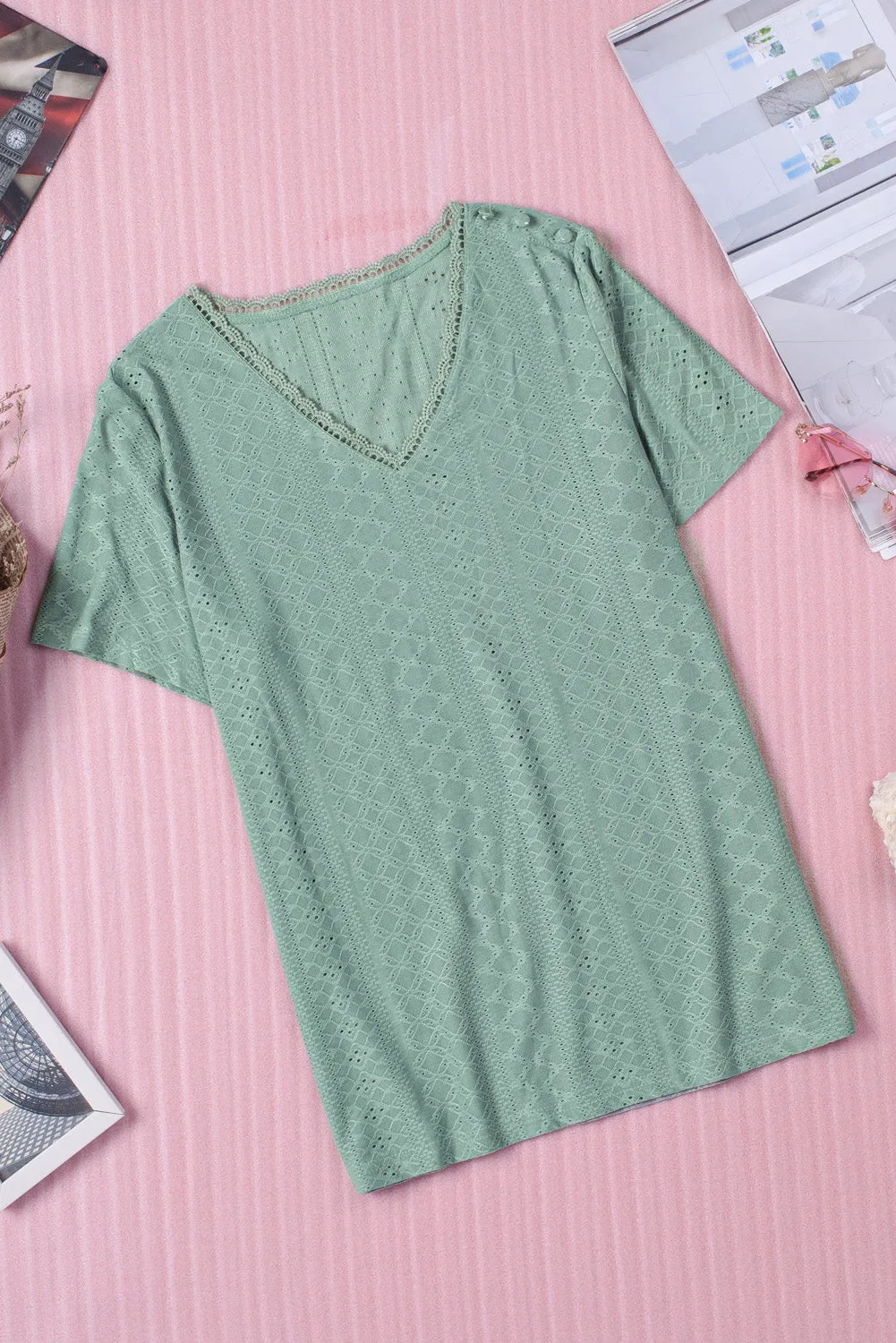 Plain V Neck Lace Short Sleeve T-Shirt