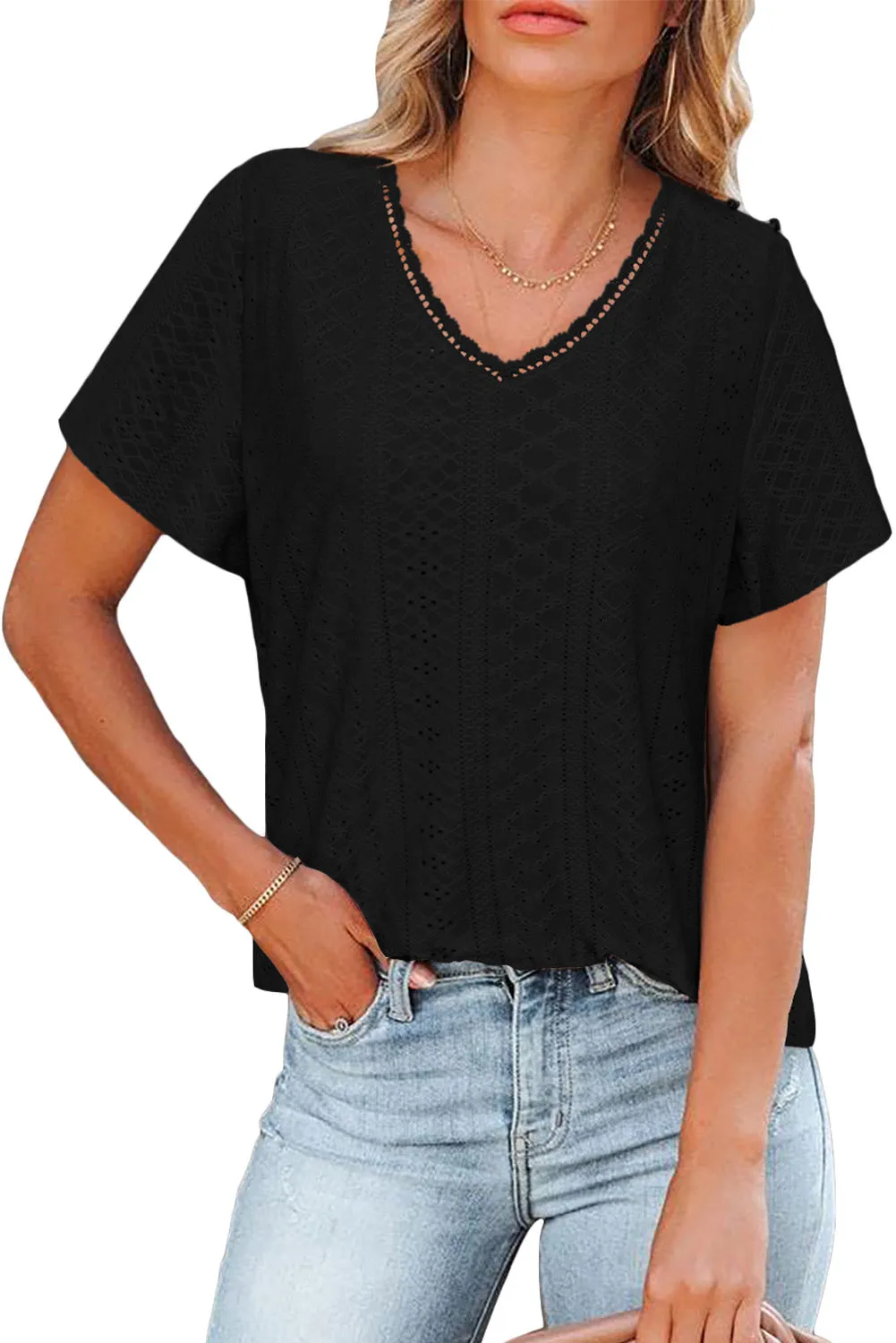 Plain V Neck Lace Short Sleeve T-Shirt