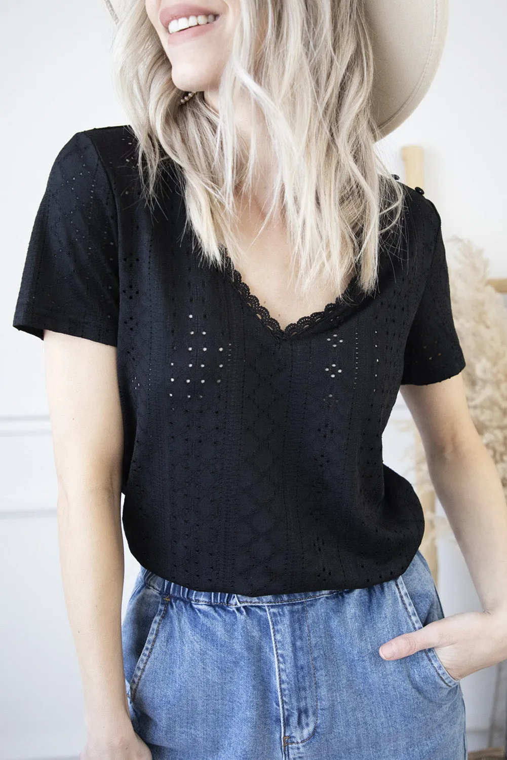 Plain V Neck Lace Short Sleeve T-Shirt