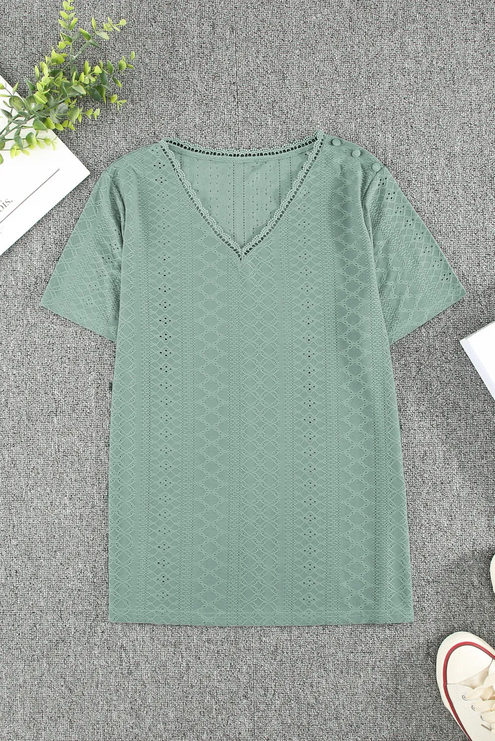 Plain V Neck Lace Short Sleeve T-Shirt