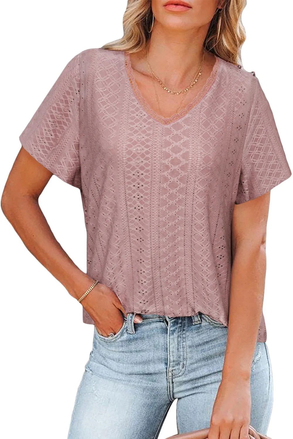 Plain V Neck Lace Short Sleeve T-Shirt