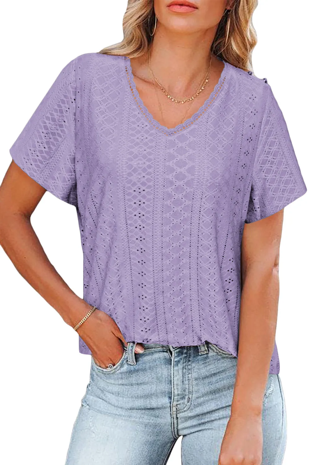 Plain V Neck Lace Short Sleeve T-Shirt