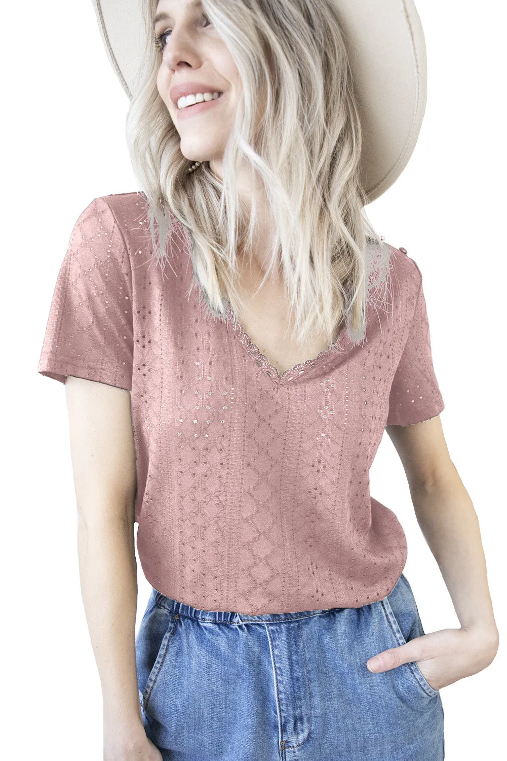 Plain V Neck Lace Short Sleeve T-Shirt