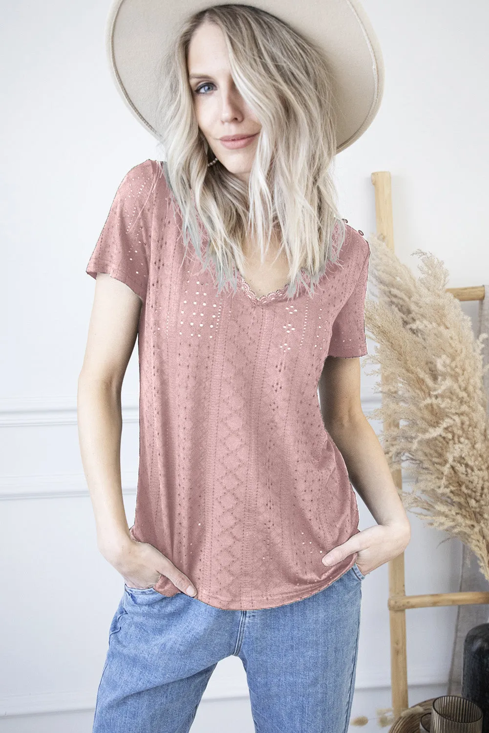 Plain V Neck Lace Short Sleeve T-Shirt