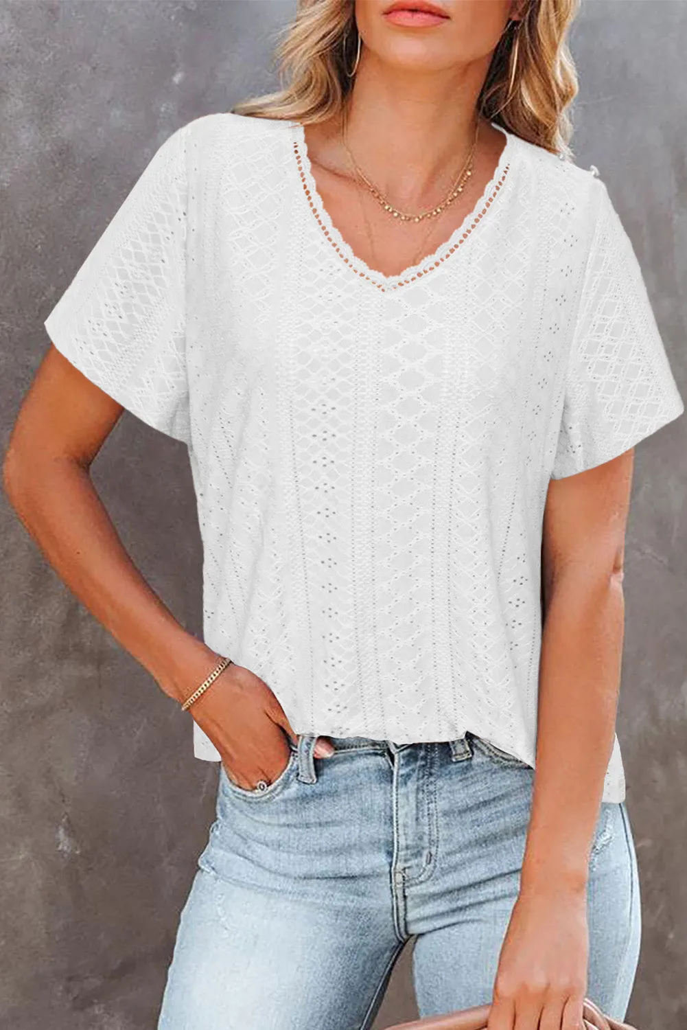 Plain V Neck Lace Short Sleeve T-Shirt