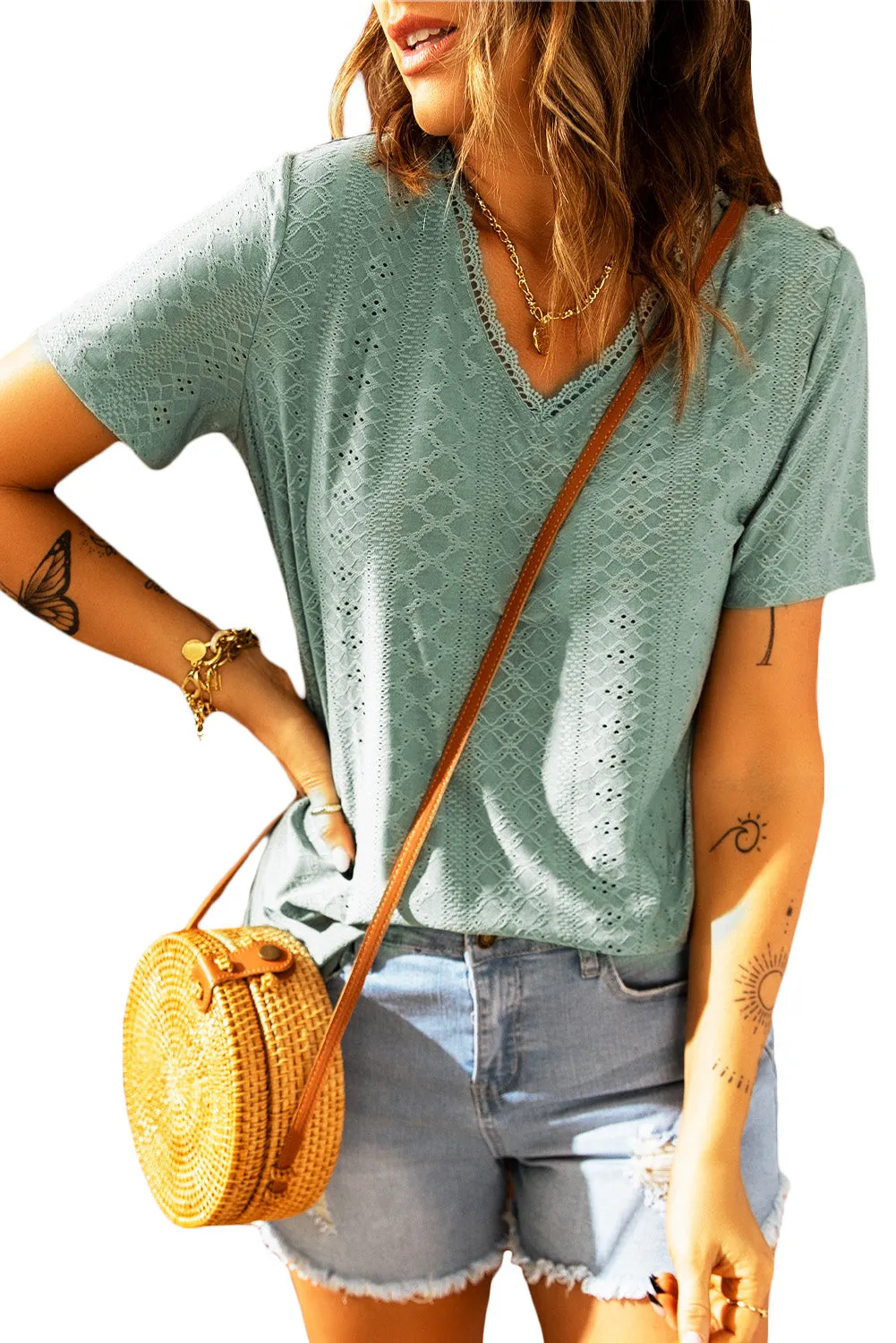 Plain V Neck Lace Short Sleeve T-Shirt