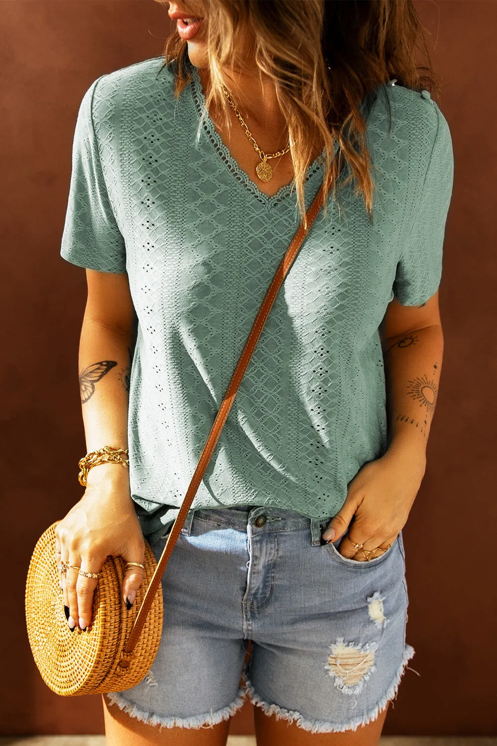 Plain V Neck Lace Short Sleeve T-Shirt