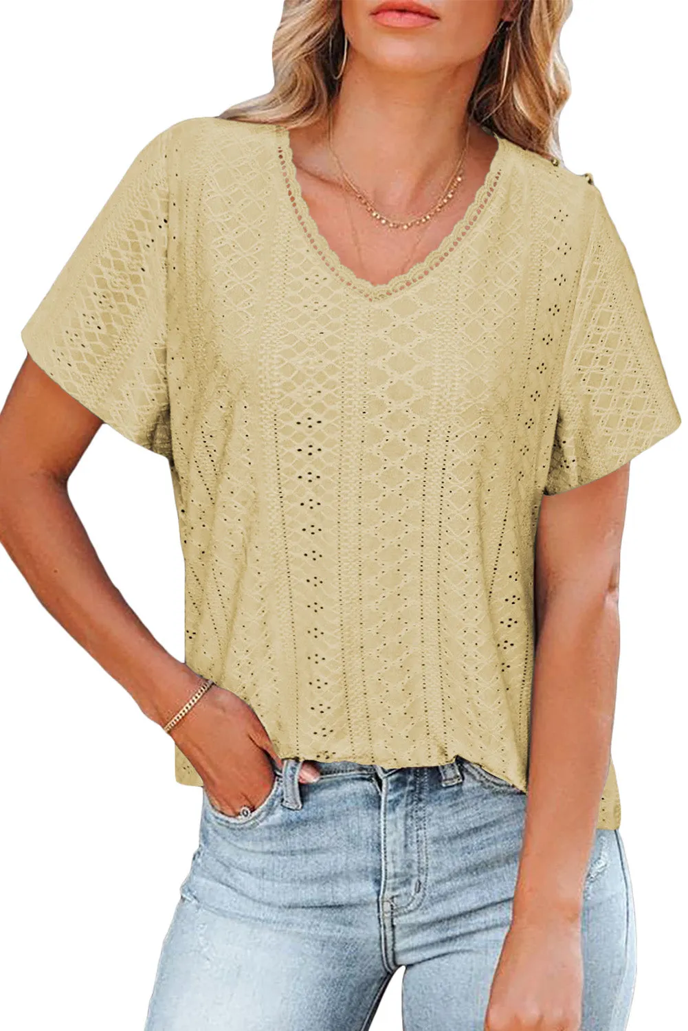 Plain V Neck Lace Short Sleeve T-Shirt