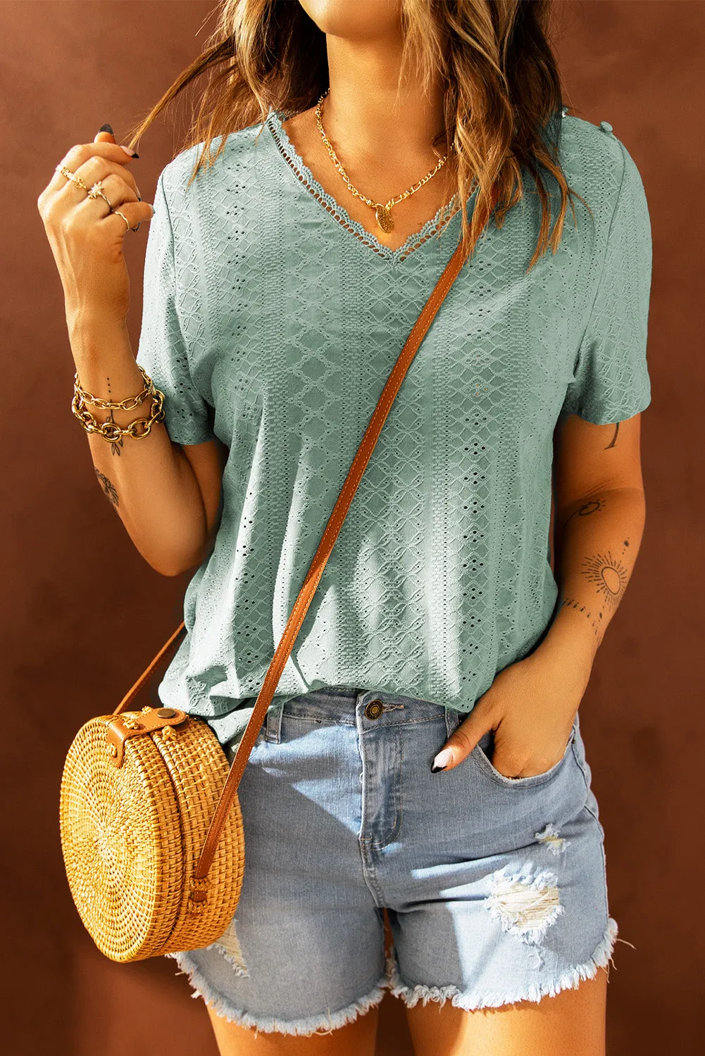 Plain V Neck Lace Short Sleeve T-Shirt