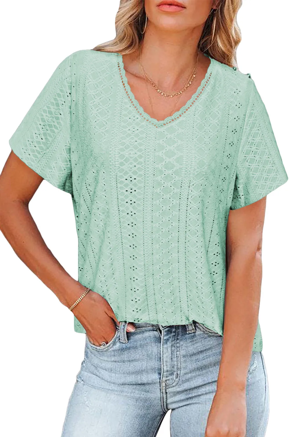 Plain V Neck Lace Short Sleeve T-Shirt