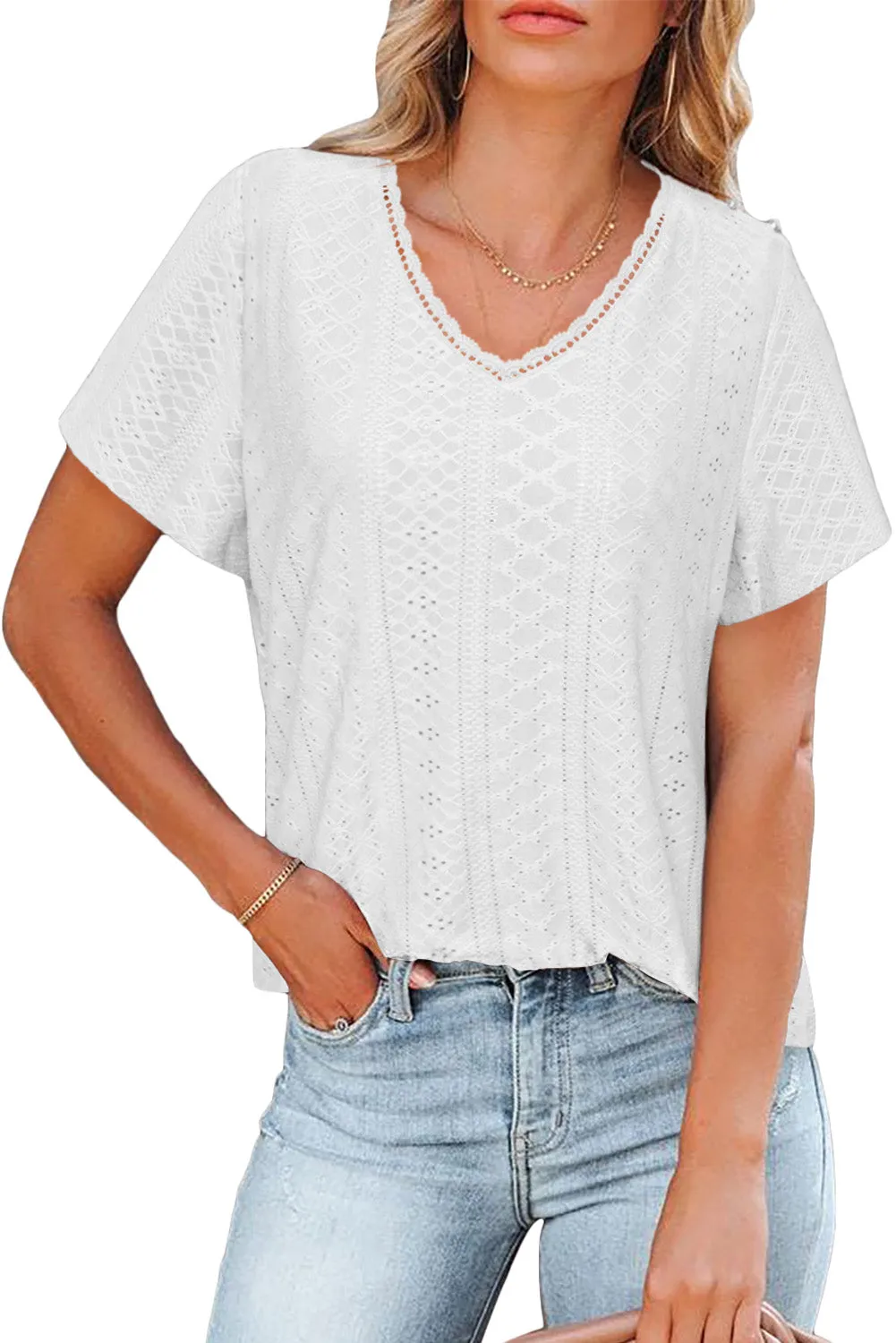 Plain V Neck Lace Short Sleeve T-Shirt