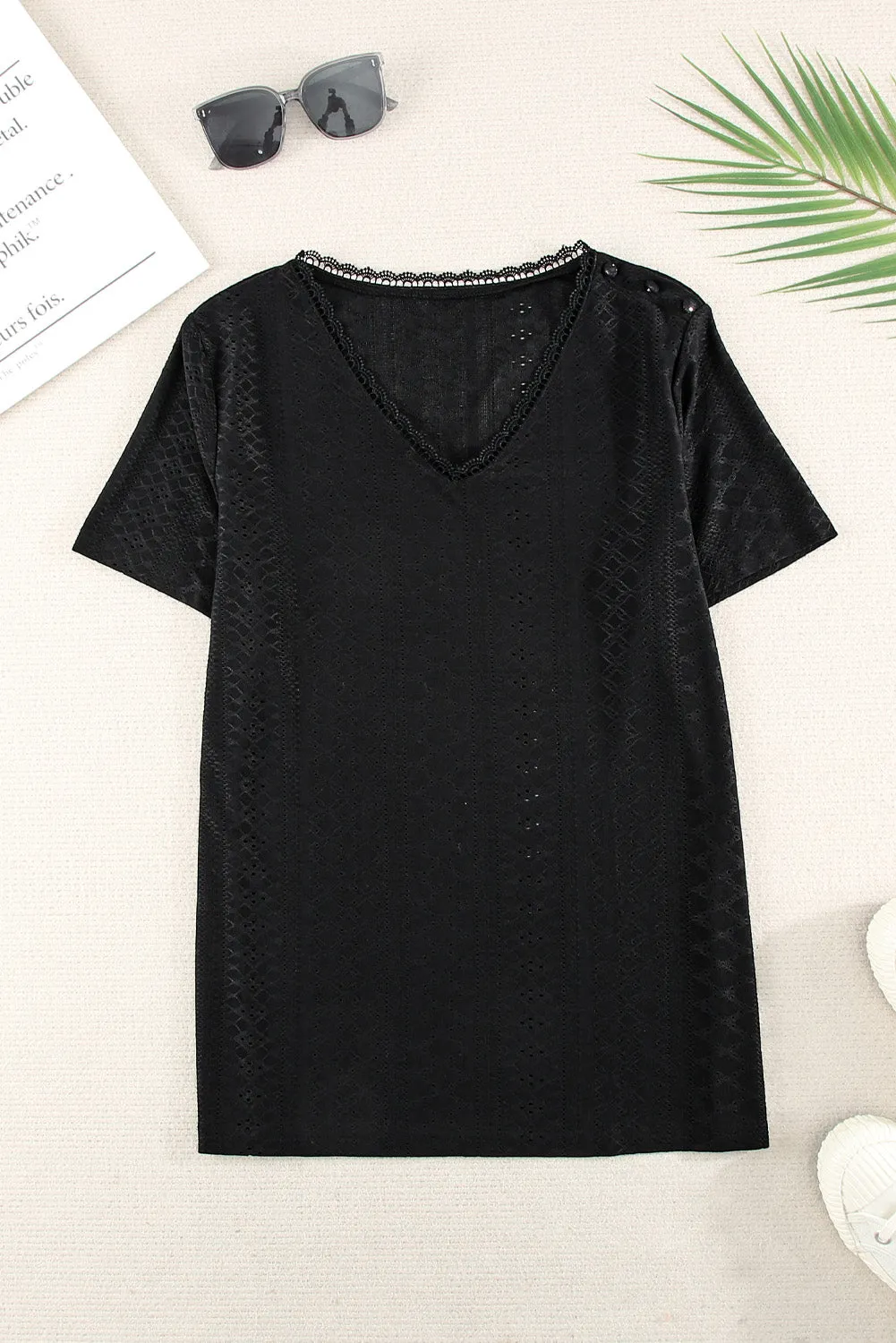 Plain V Neck Lace Short Sleeve T-Shirt