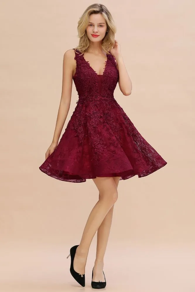 Stylish V-Neck Floral Appliques Homecoming Dress Knee-Length Sleeveless Party Dress