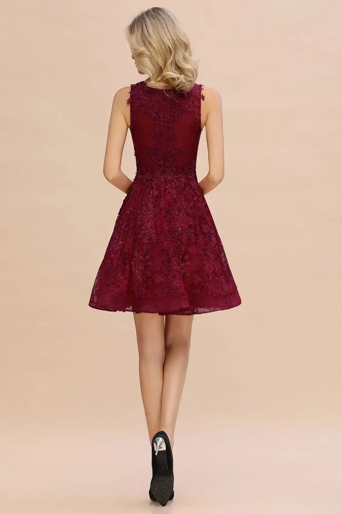 Stylish V-Neck Floral Appliques Homecoming Dress Knee-Length Sleeveless Party Dress