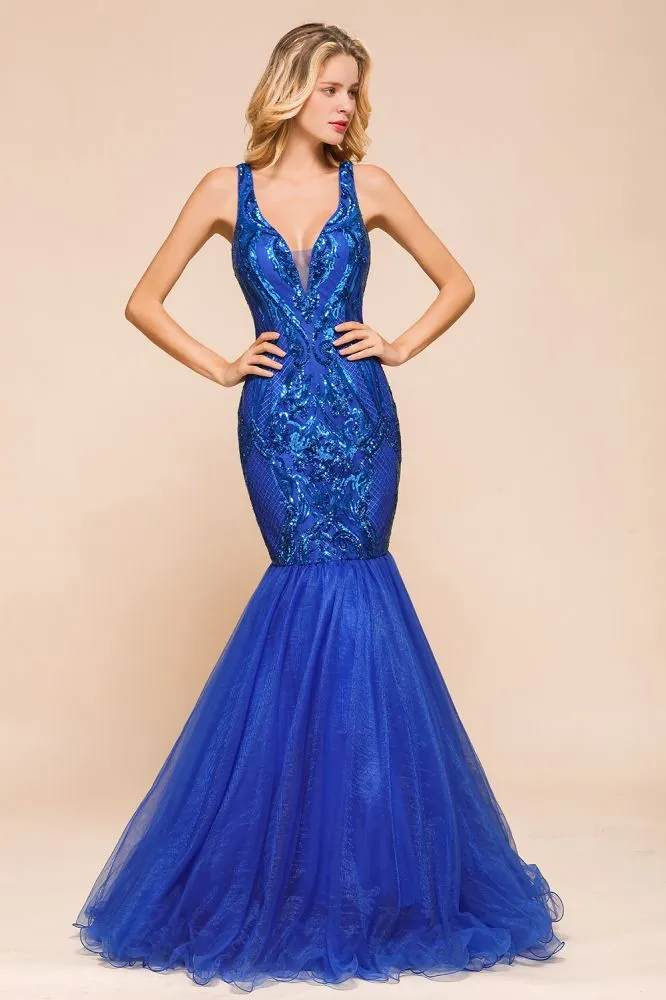 Stylish V-Neck Sparkly Sequined Mermaid Prom Dress Sleeveless Floor Length Ruffy Evening Gown