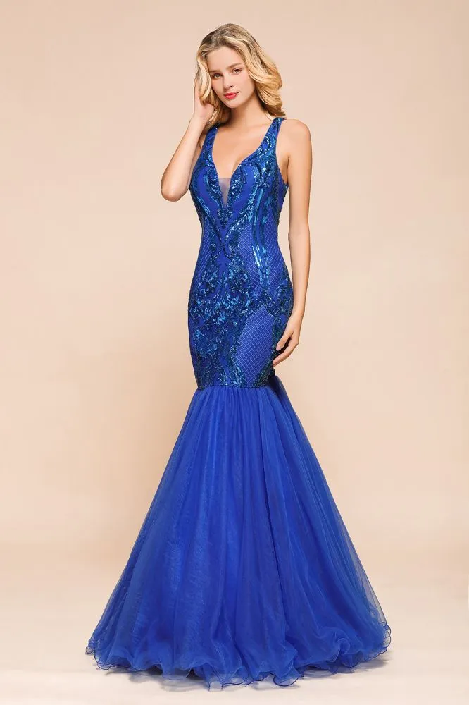 Stylish V-Neck Sparkly Sequined Mermaid Prom Dress Sleeveless Floor Length Ruffy Evening Gown