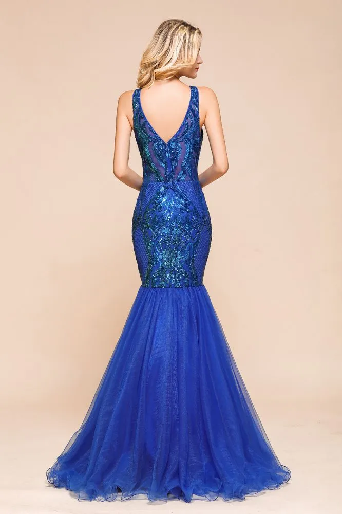 Stylish V-Neck Sparkly Sequined Mermaid Prom Dress Sleeveless Floor Length Ruffy Evening Gown