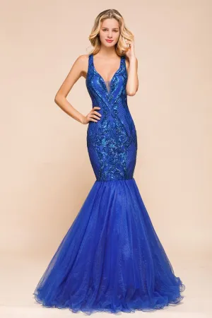 Stylish V-Neck Sparkly Sequined Mermaid Prom Dress Sleeveless Floor Length Ruffy Evening Gown