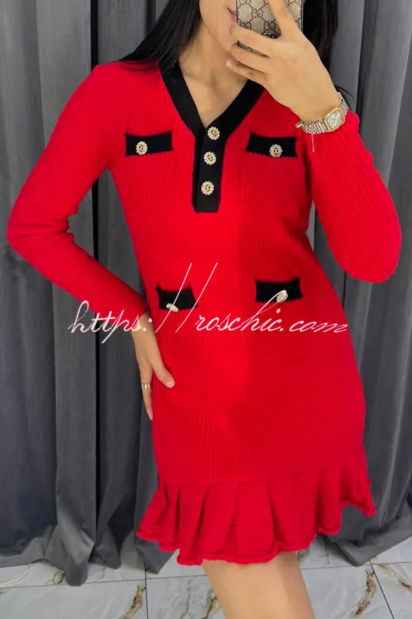 Stylish Waffle Contrast V-neck Ruffled Knitted Mini Dress