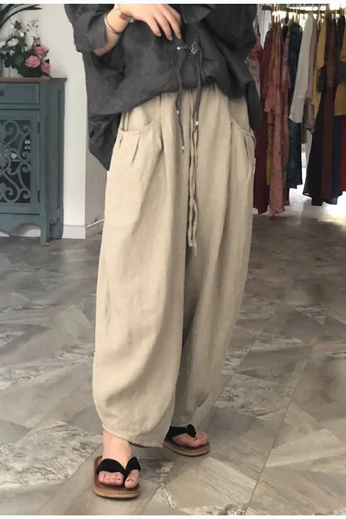 Summer Linen Wide Leg Pants Autumn Women Casual Pants with Pockets PZ97248