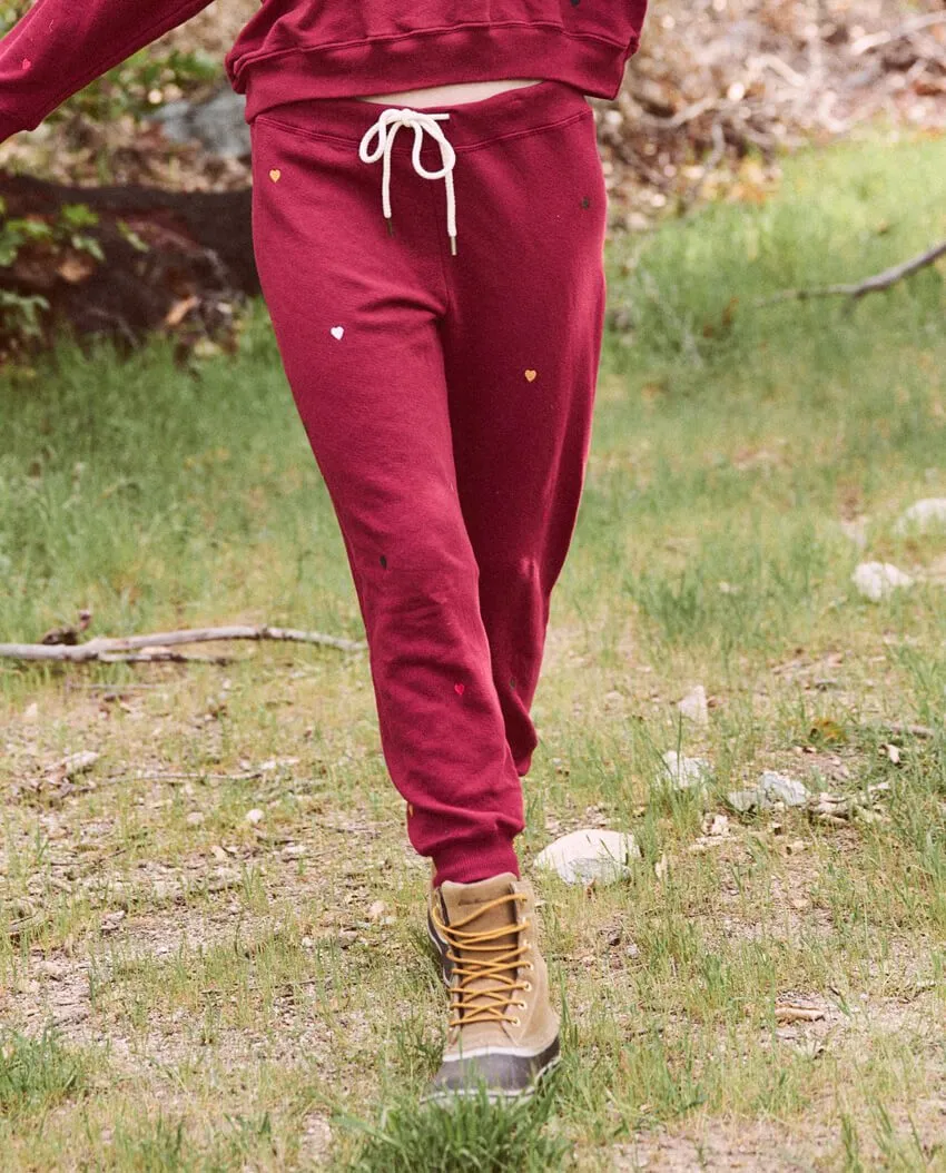 The Great - The Cropped Sweatpant in Spiced Wine w/ Embroidered Hearts