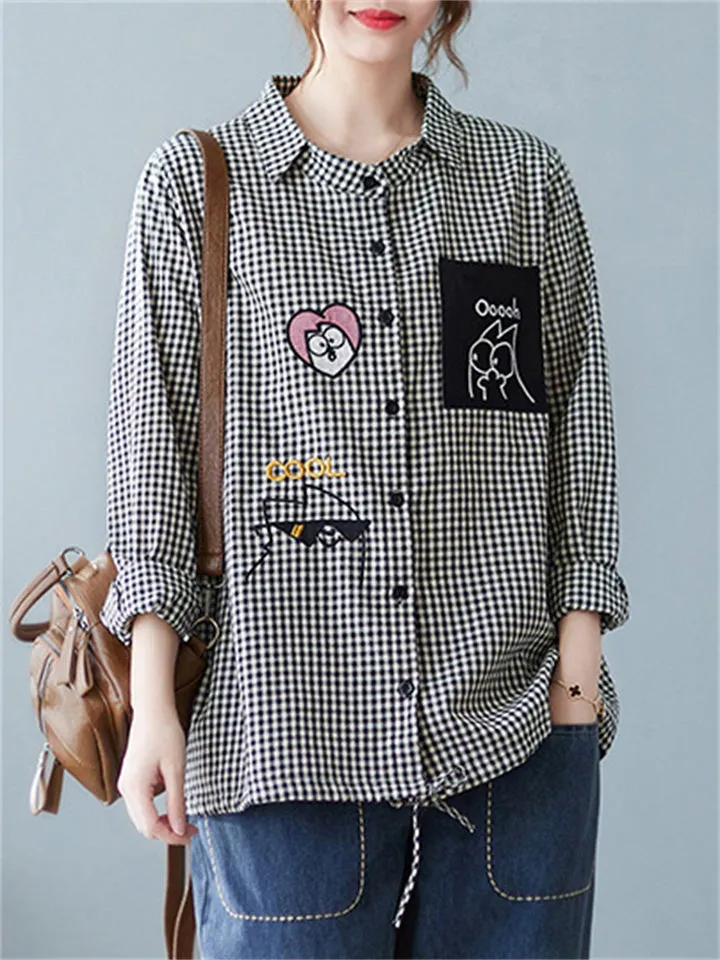 Trendy Cute Lapel Long Sleeve Plaid Shirt for Women