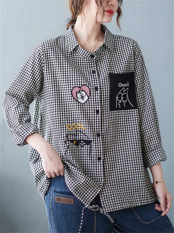 Trendy Cute Lapel Long Sleeve Plaid Shirt for Women